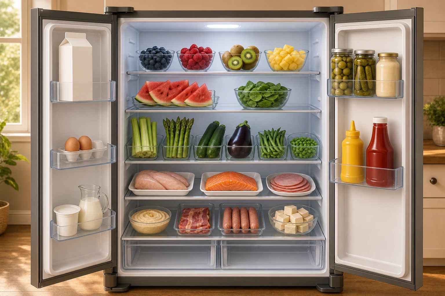 An open two-door refrigerator neatly filled with dairy products, eggs, meat, fish, berries, vegetables, sauces, and prepared foods.