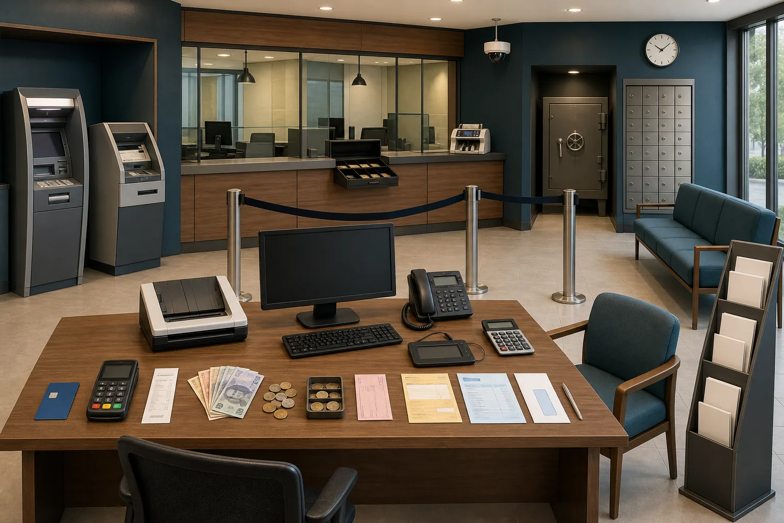 A warm modern bank branch with two self-service machines, a teller counter, a consultation desk, money, banking documents, seating, and secure storage.